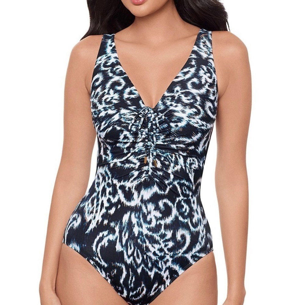 Miraclesuit Adorn Bella One Piece Swimsuit Black Gold Ikat Tummy Control 8 M